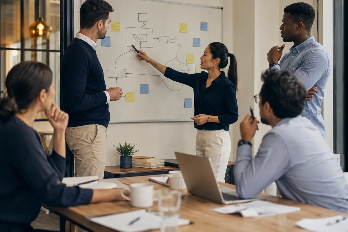 Sesión de trabajo donde un equipo resuelve un caso propio frente a una pizarra con diagramas.