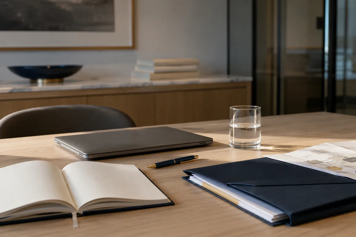 Mesa preparada para una conversación estratégica con documentos, libreta y laptop cerrada.
