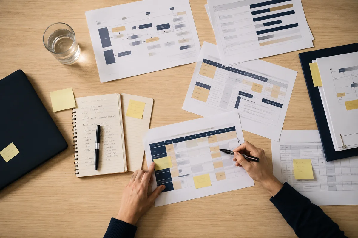 Documentos de trabajo, matrices impresas y notas de revisión sobre una mesa.