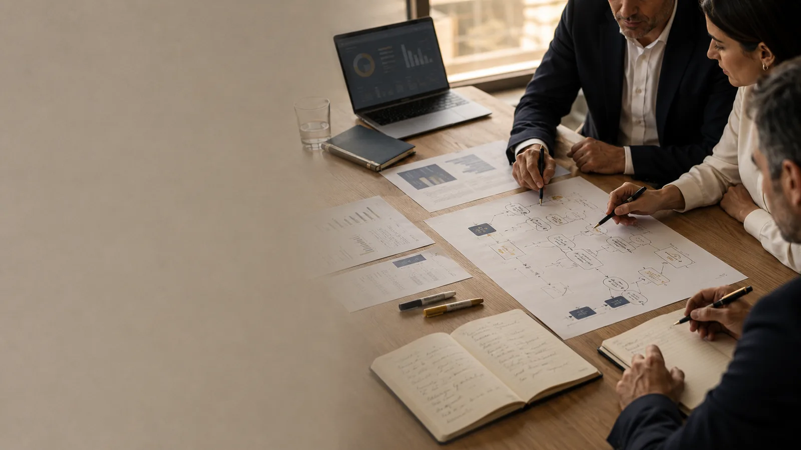 Equipo consultivo revisando documentos, mapas de proceso y criterios de decisión en una mesa de trabajo.